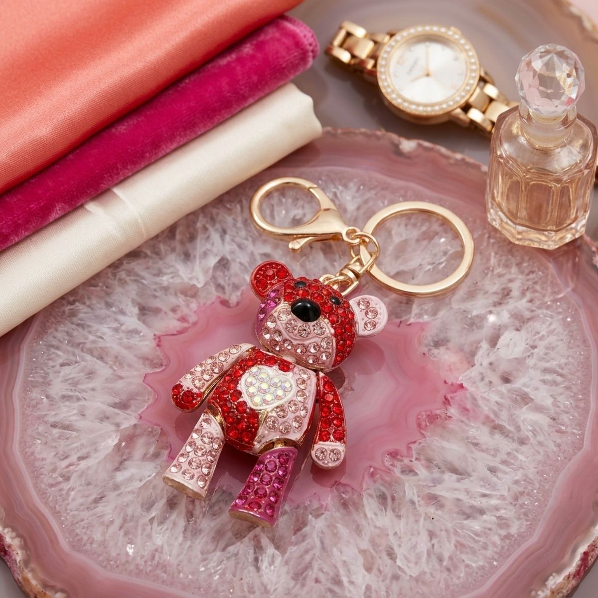Keychain Red Pink Rhinestone Teddy Bear Bag Clip