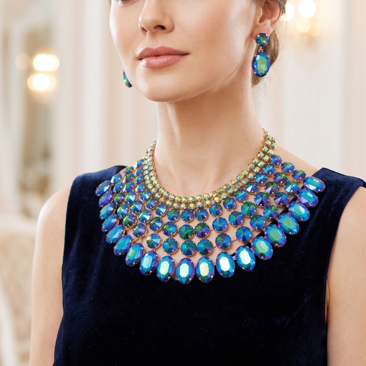Blue Oval Glass Crystal 6 Row Formal Necklace Set