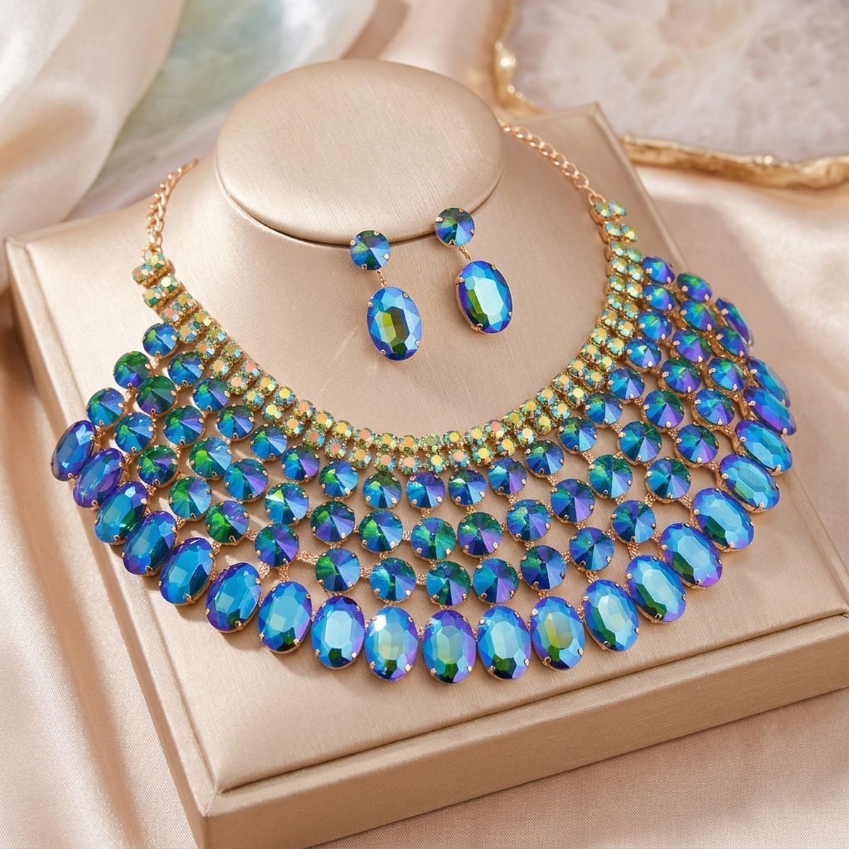 Blue Oval Glass Crystal 6 Row Formal Necklace Set