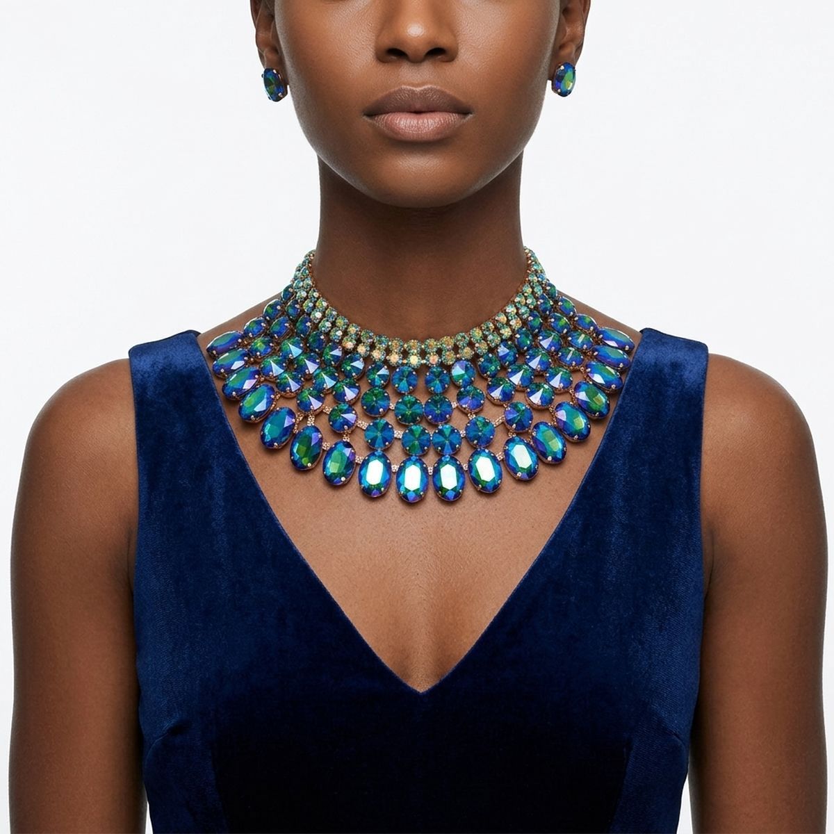 Blue Oval Glass Crystal 6 Row Formal Necklace Set