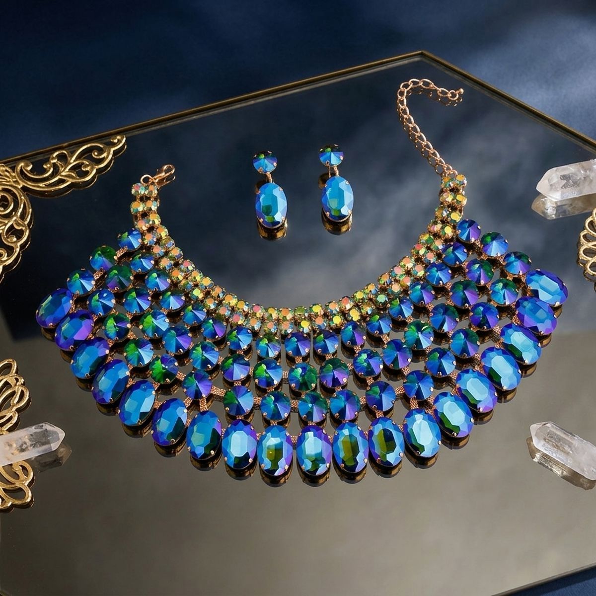 Blue Oval Glass Crystal 6 Row Formal Necklace Set