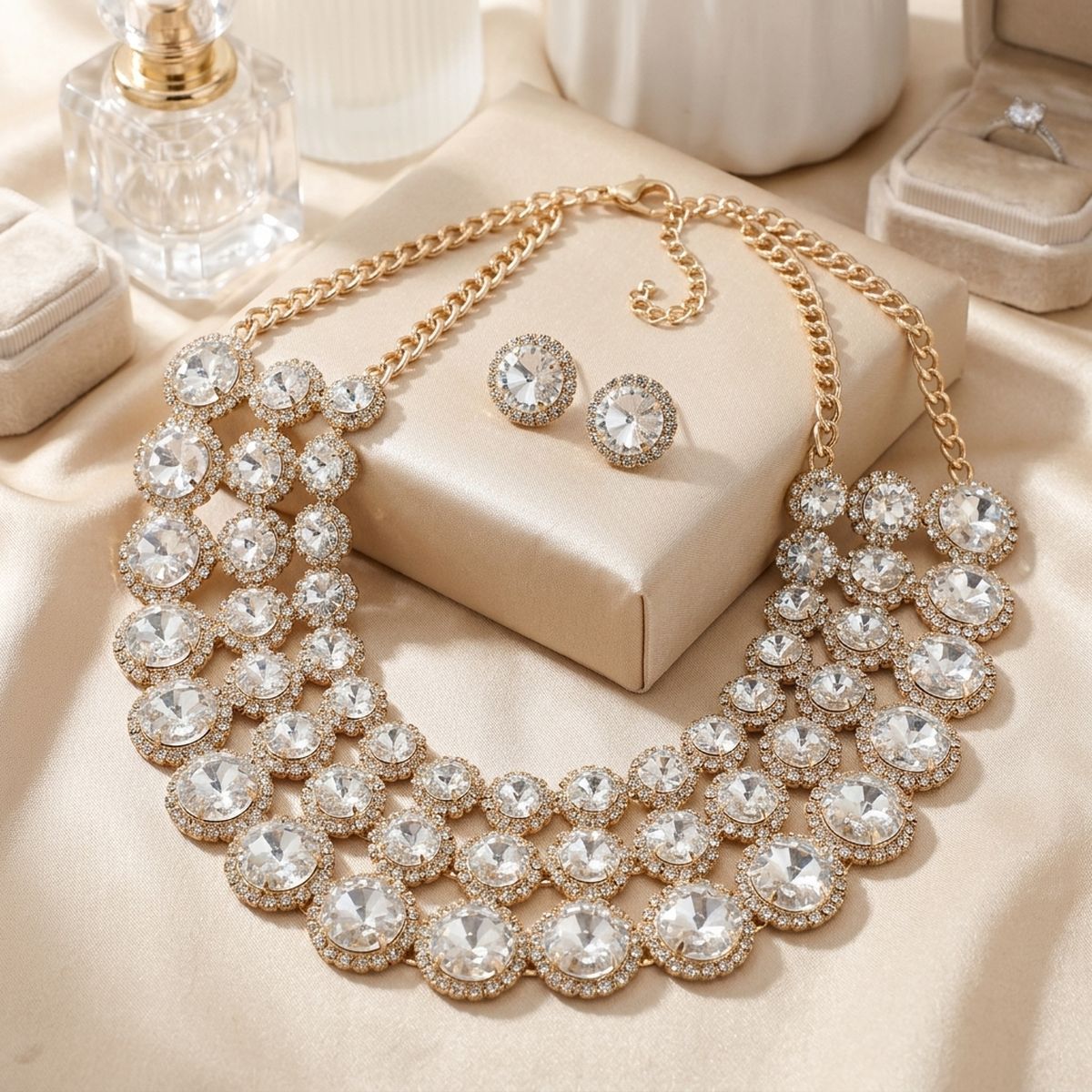 Gold Glass Halo Crystal 3 Row Collar Necklace