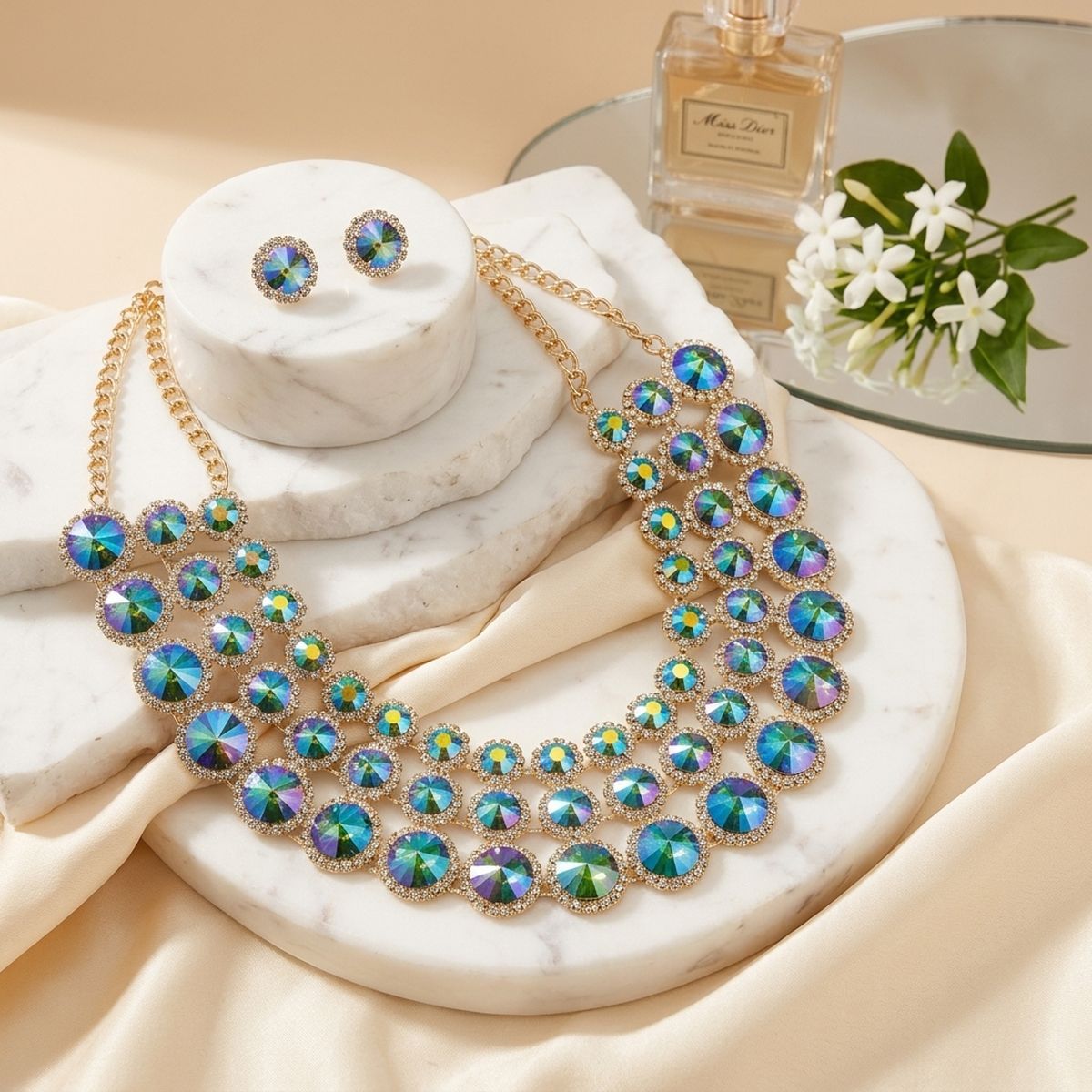 Green Glass Halo Crystal 3 Row Collar Necklace