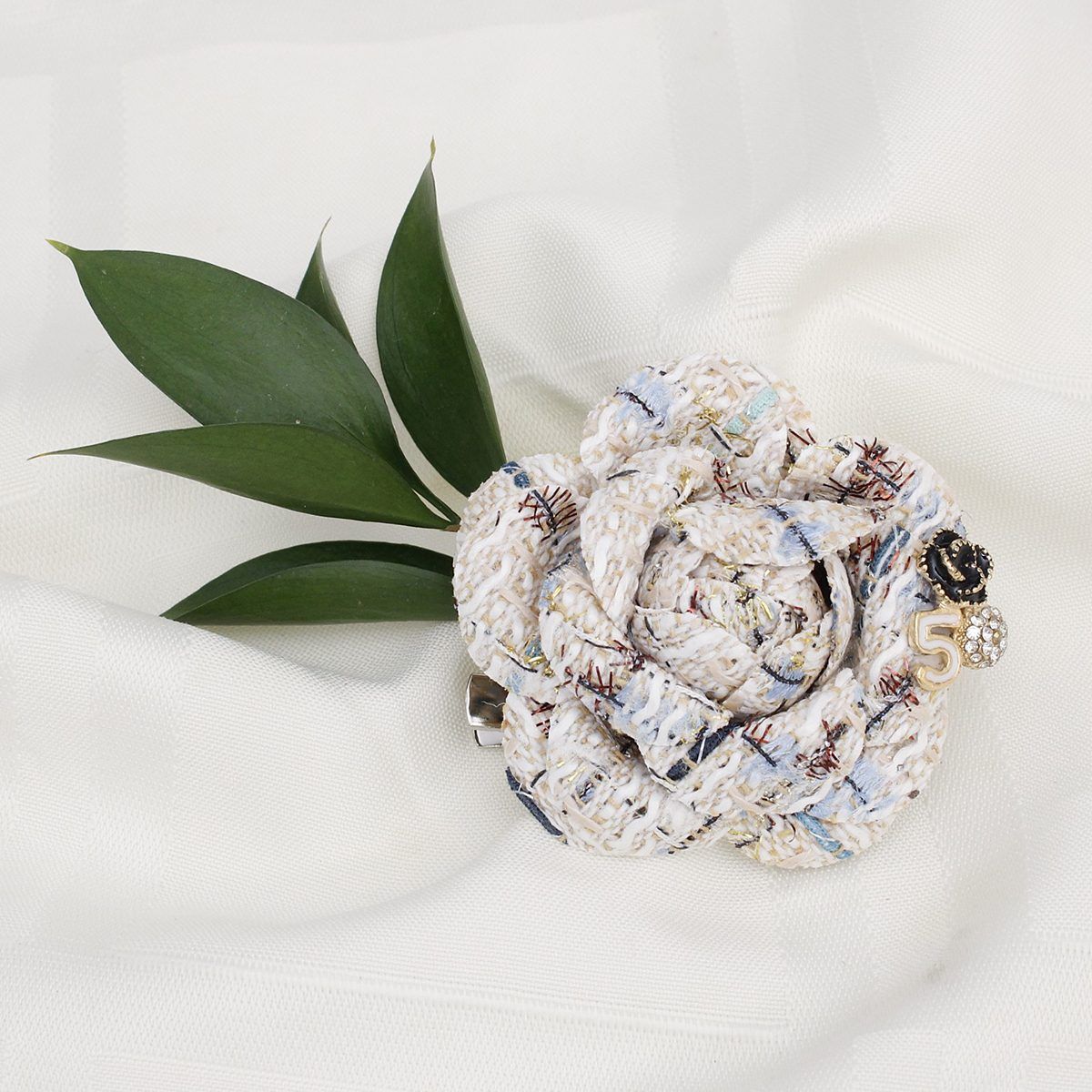 Brooch Couture White Tweed Camellia Bloom Pin