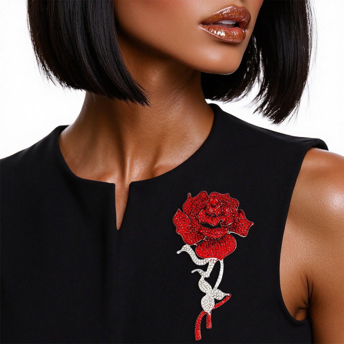 DST Sisterhood Sparkle Red Rose Blooming Brooch