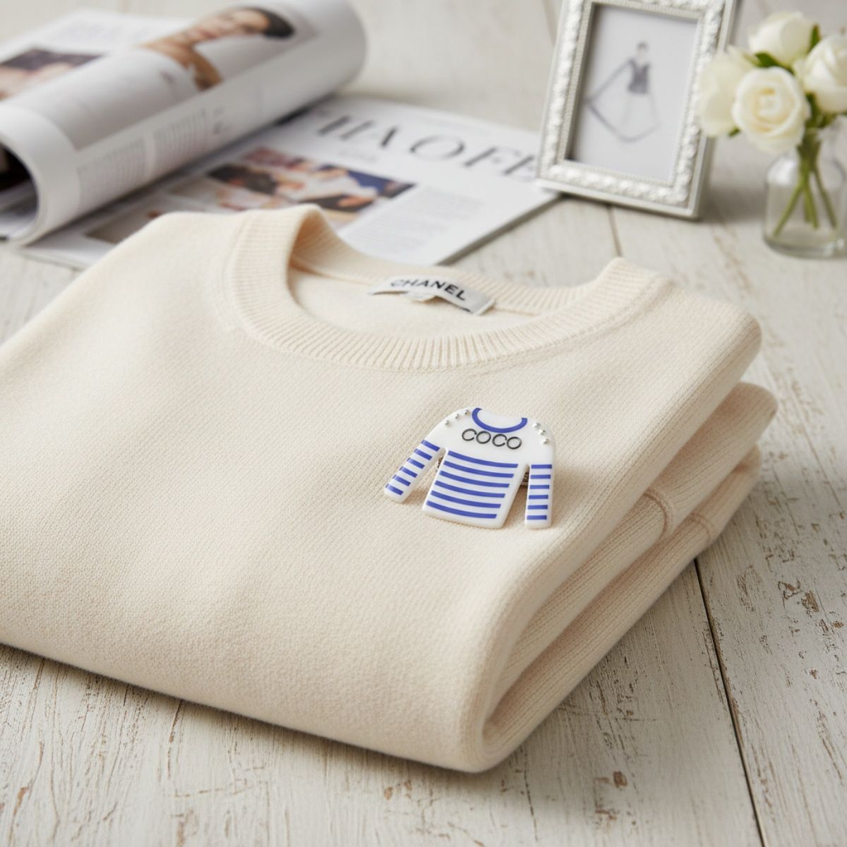 Brooch Hair Clip White Blue Stripe COCO Shirt Pin