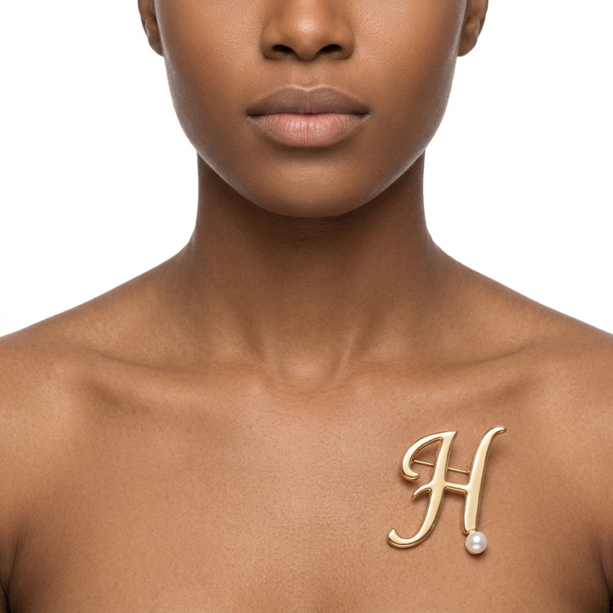 Gold Cursive H Initial Letter Pearl Brooch Pin