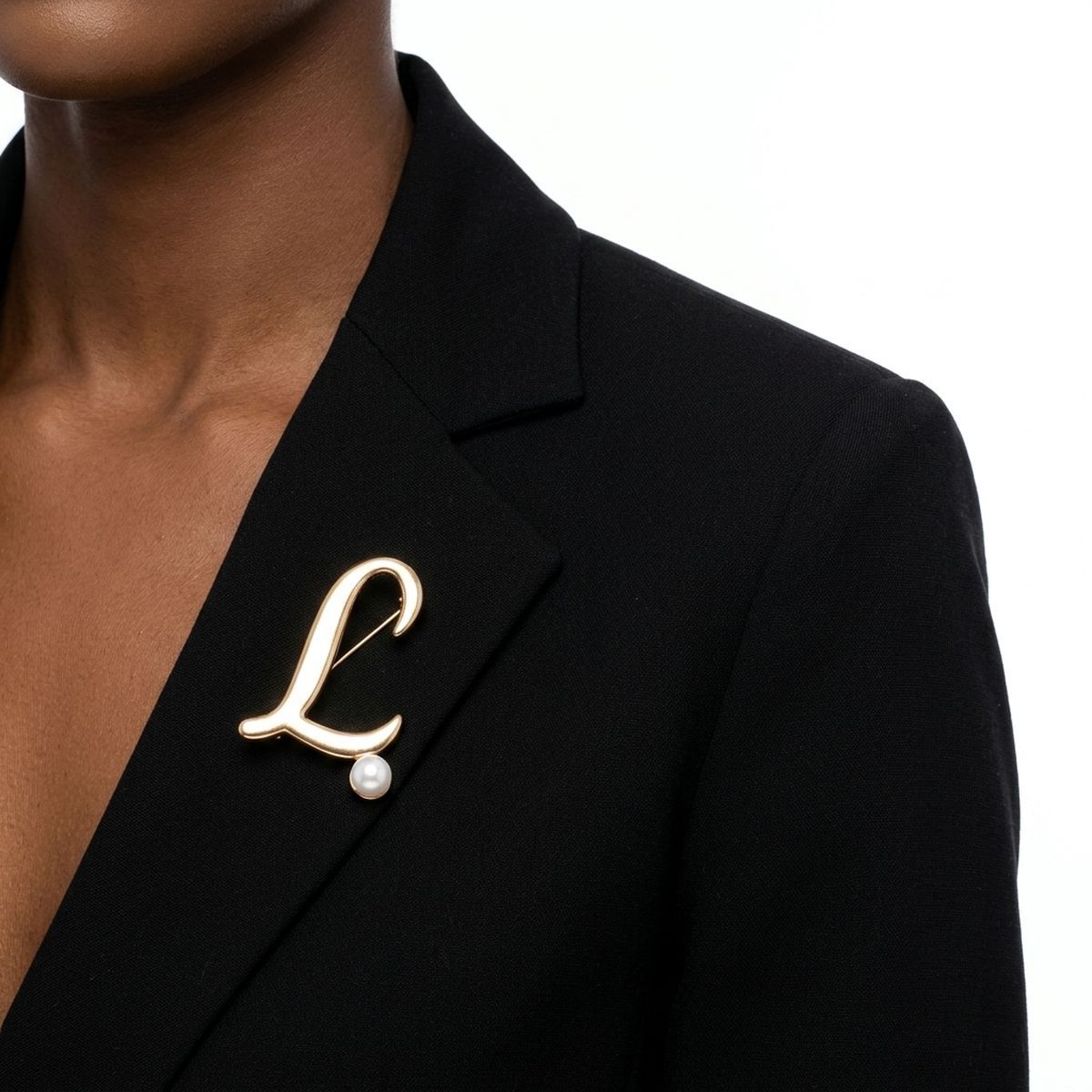Gold Cursive L Initial Letter Pearl Brooch Pin