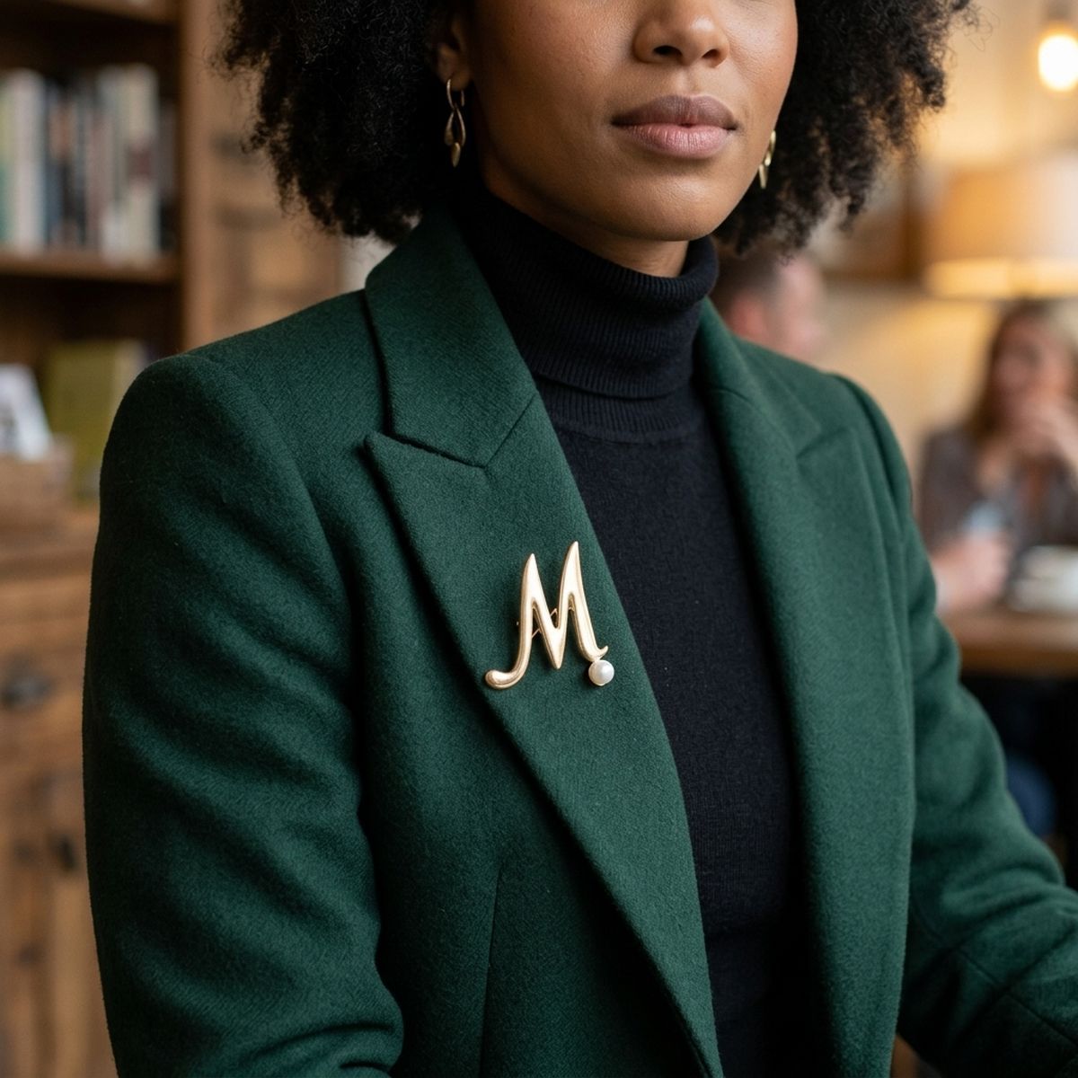 Gold Cursive M Initial Letter Pearl Brooch Pin