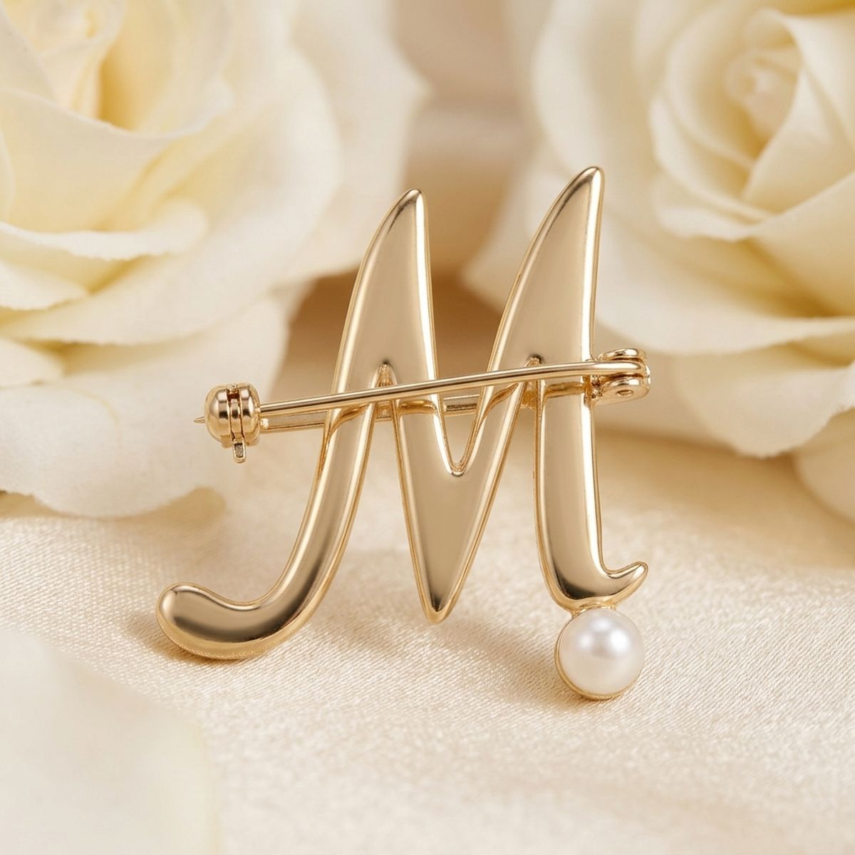 Gold Cursive M Initial Letter Pearl Brooch Pin