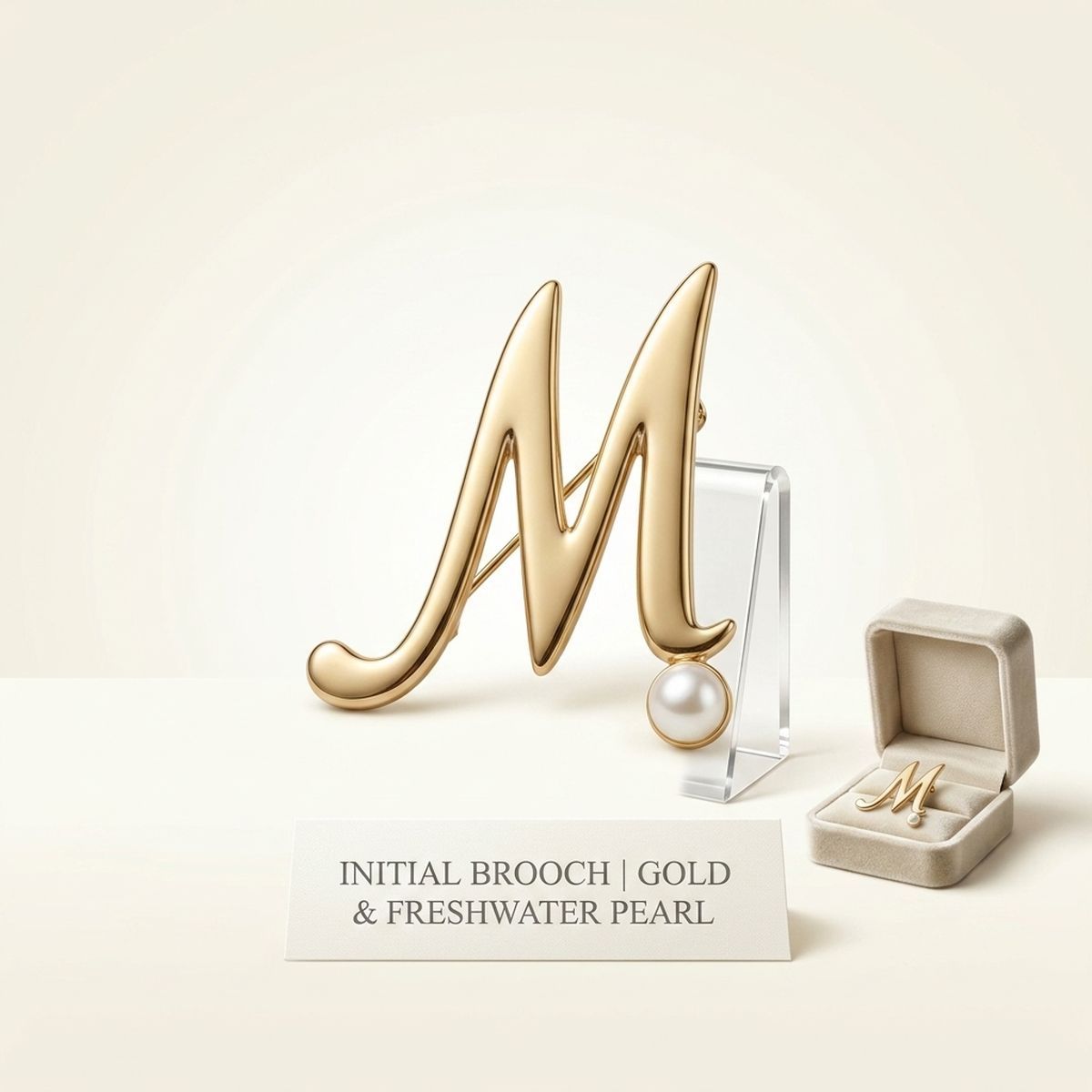 Gold Cursive M Initial Letter Pearl Brooch Pin