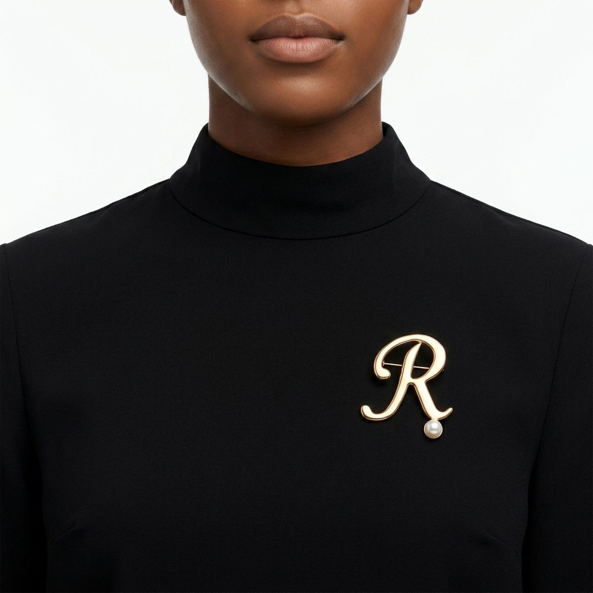 Gold Cursive R Initial Letter Pearl Brooch Pin