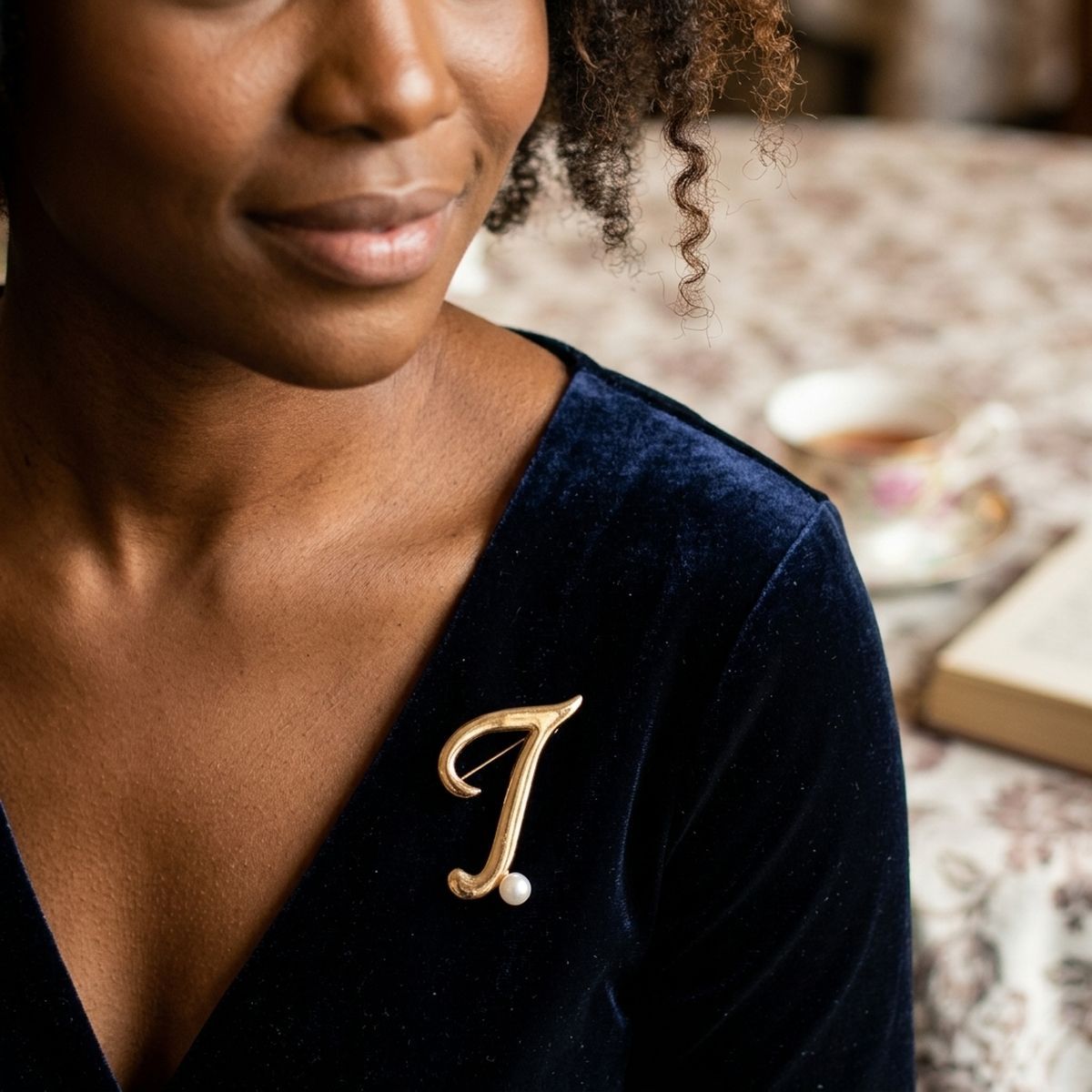 Gold Cursive T Initial Letter Pearl Brooch Pin