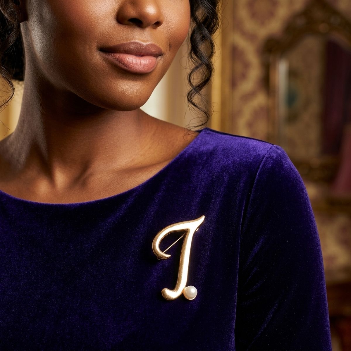 Gold Cursive T Initial Letter Pearl Brooch Pin