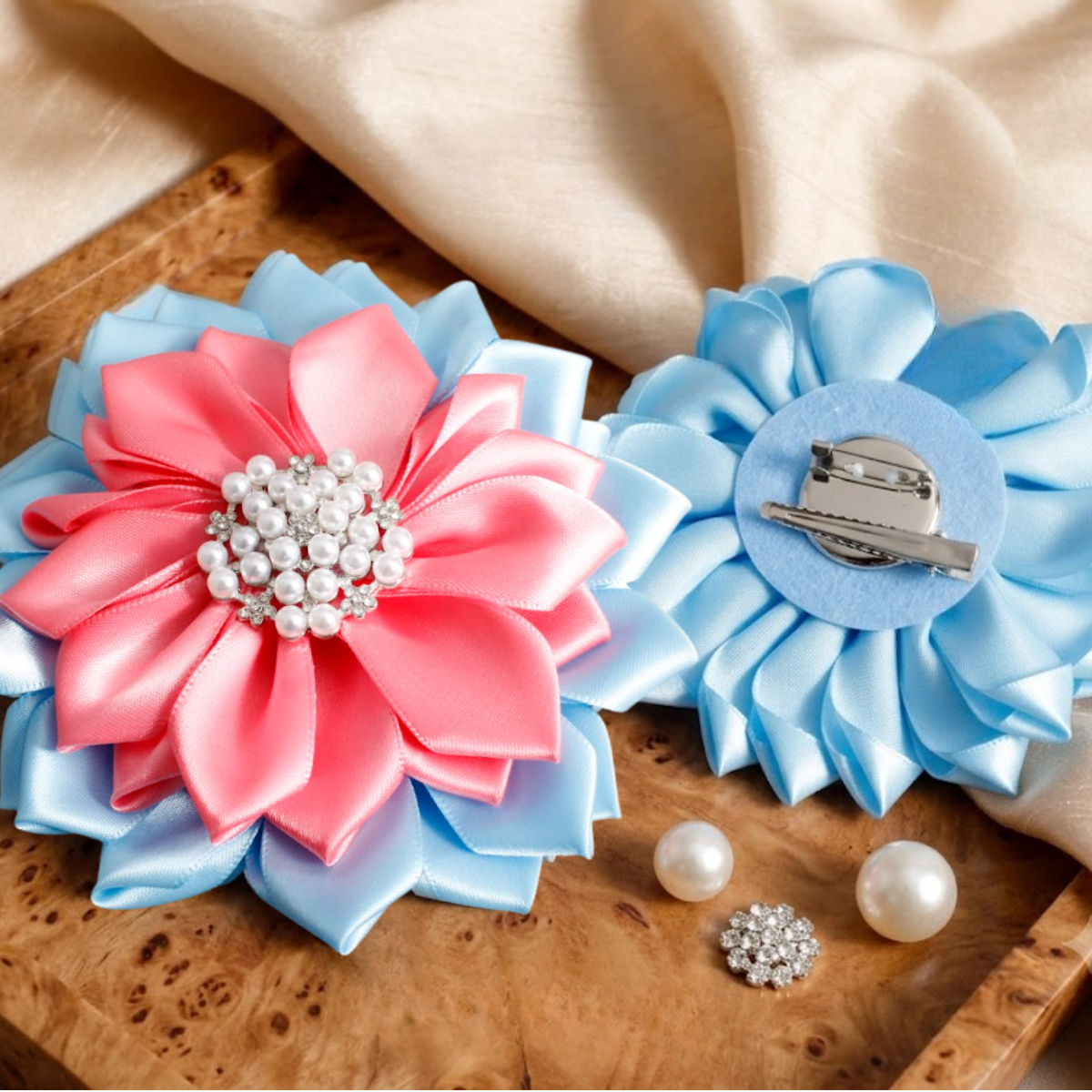 Brooch Blue and Pink Flower Pearl Clip and Pin