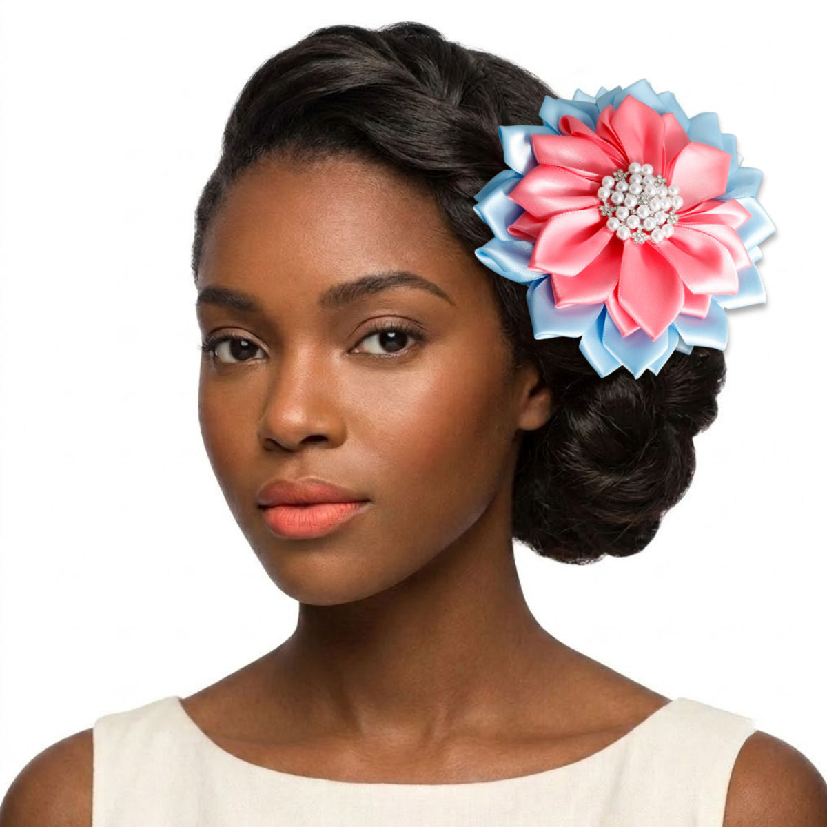 Brooch Blue and Pink Flower Pearl Clip and Pin