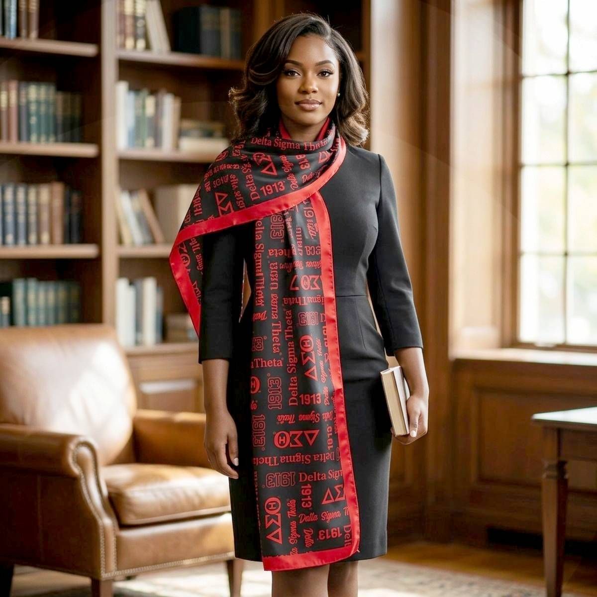 DST Long Black and Red Graphic Rectangle Scarf