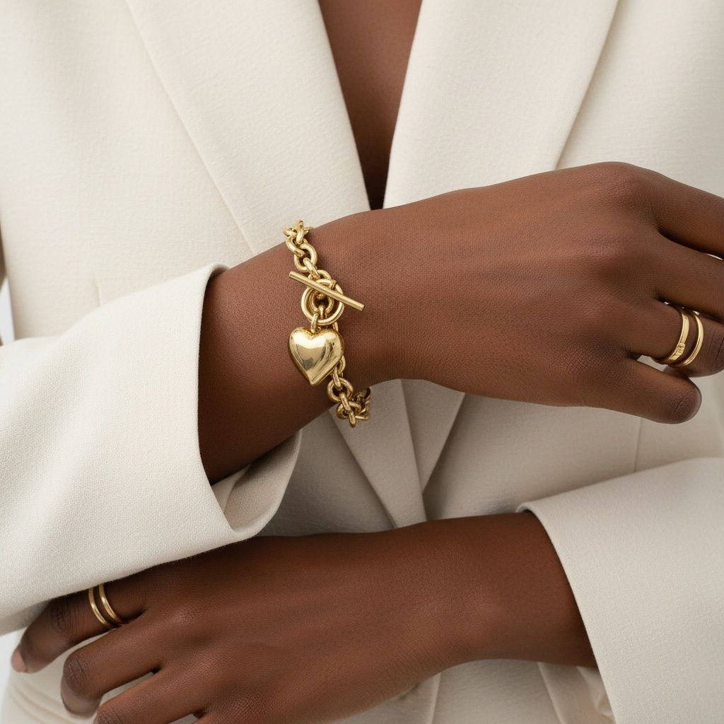 Gold 18K Steel Toggle Heart Rolo Chain Bracelet