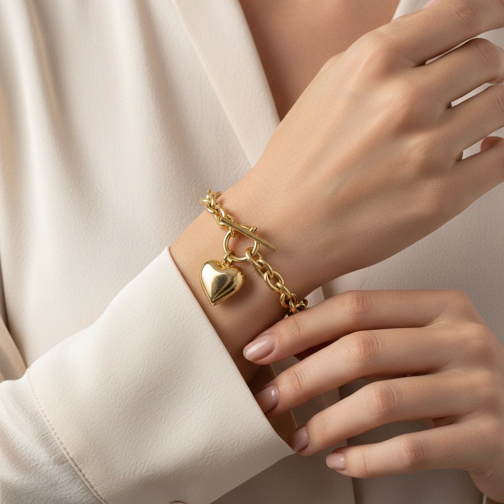 Gold 18K Steel Toggle Heart Rolo Chain Bracelet