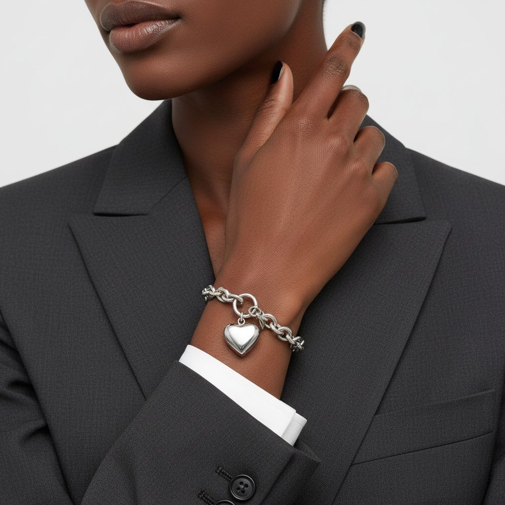 Silver Steel Toggle Heart Rolo Chain Bracelet