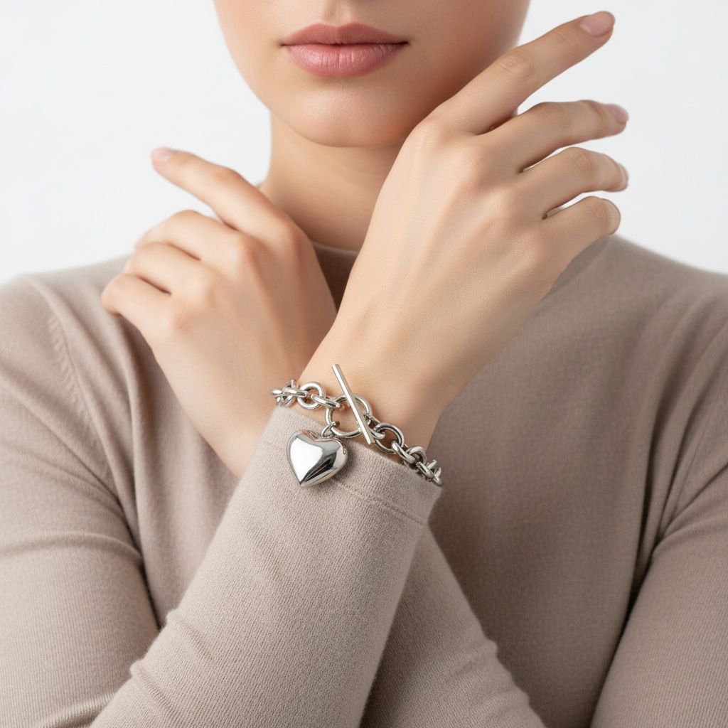 Silver Steel Toggle Heart Rolo Chain Bracelet