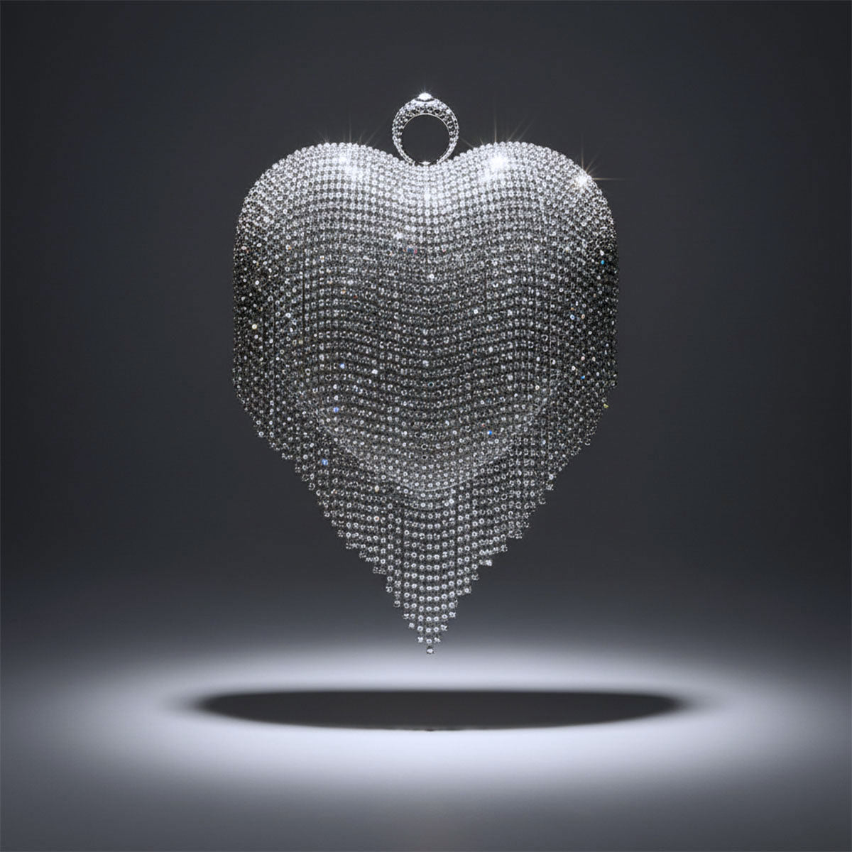 Clutch Silver Rhinestone Fringe Heart Hardcase Bag