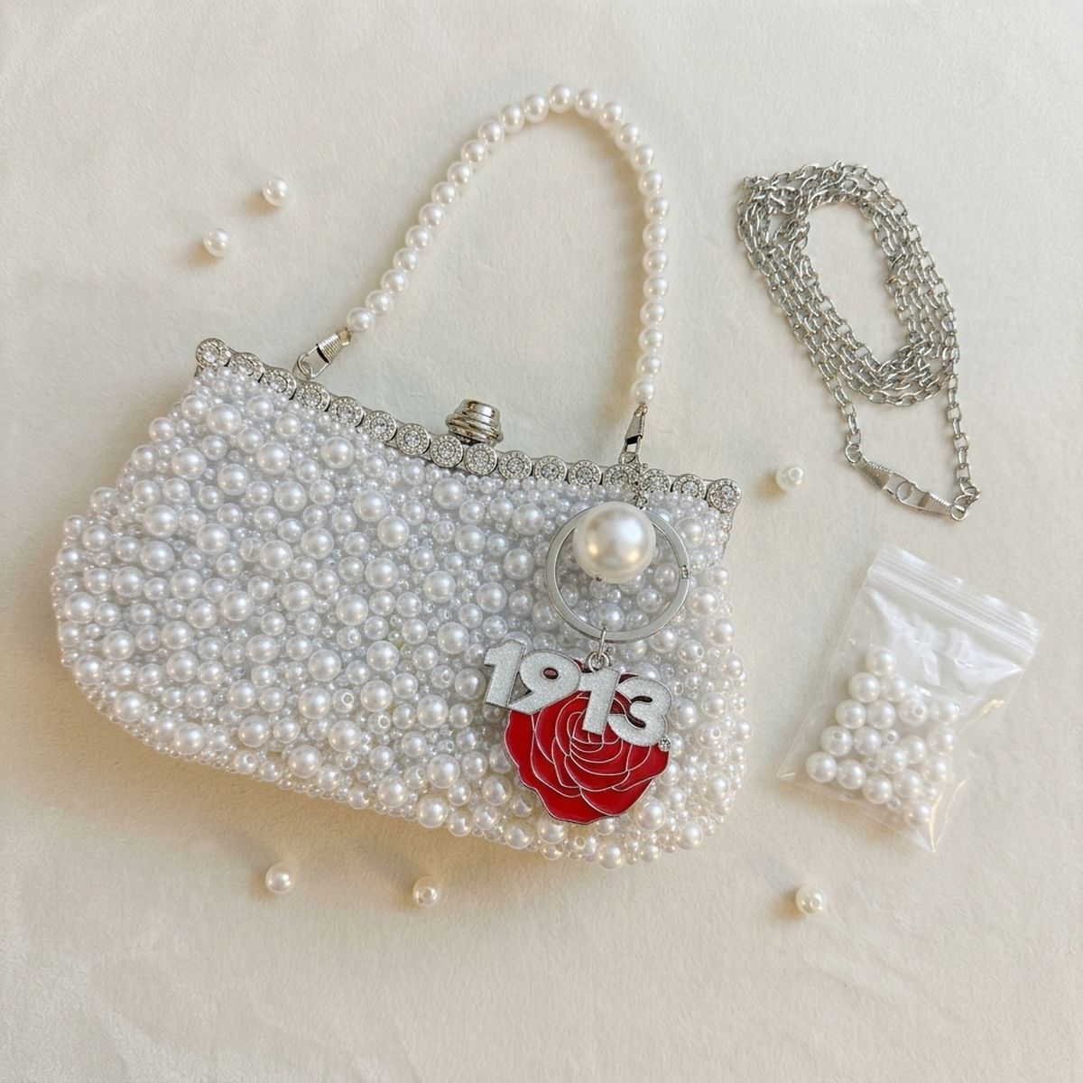 DST White Pearl Clutch with 1913 and Flower Charms