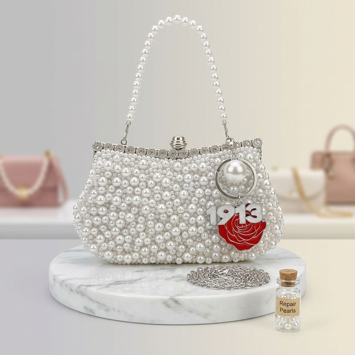 DST White Pearl Clutch with 1913 and Flower Charms