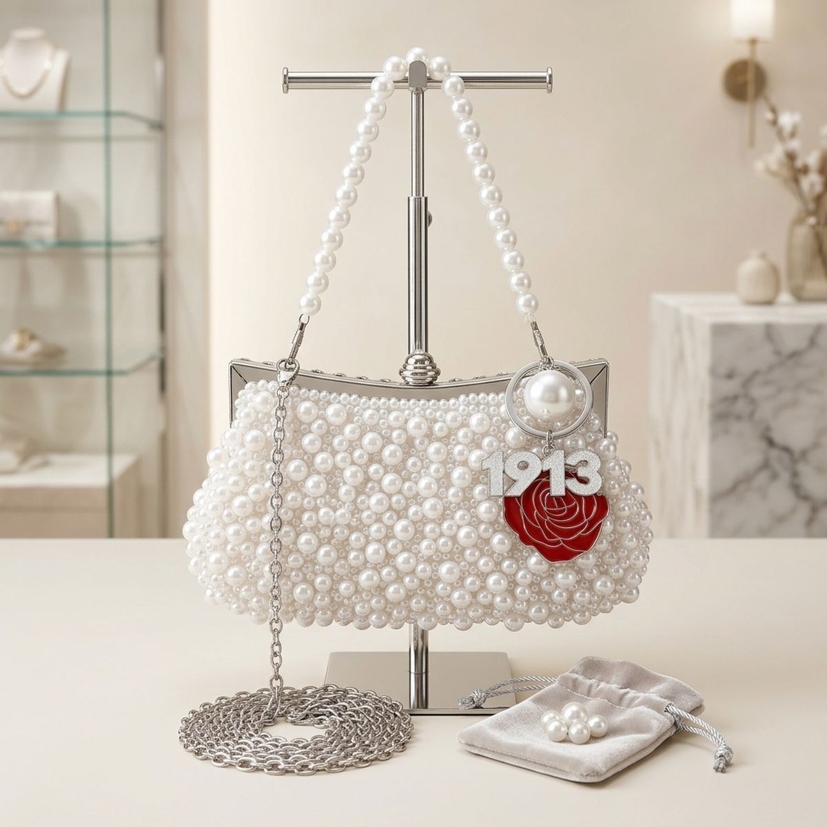 DST White Pearl Clutch with 1913 and Flower Charms