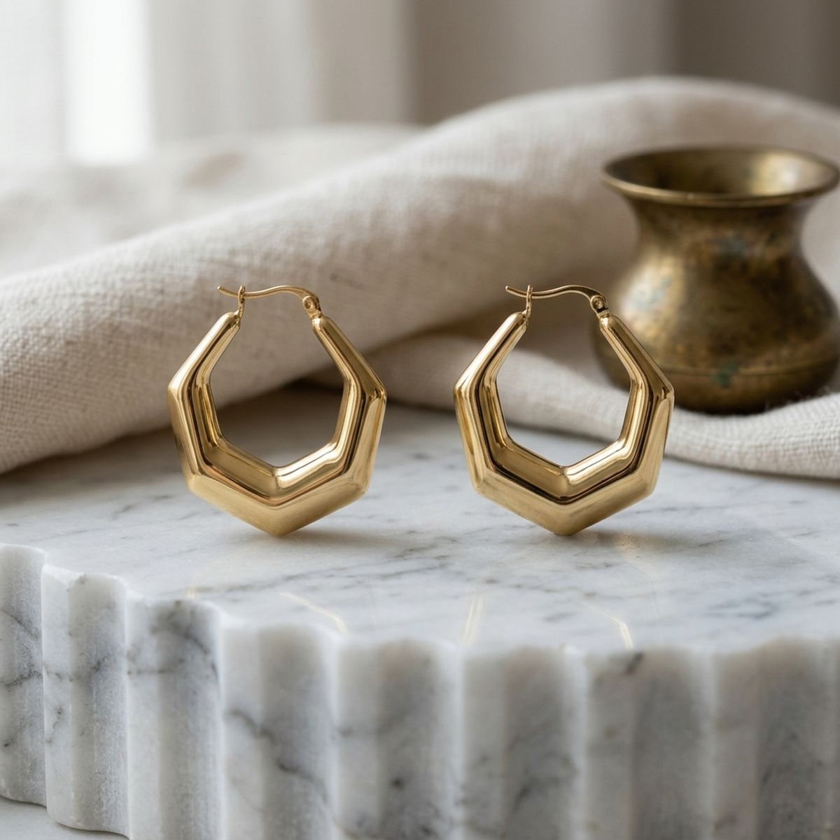 Hoop 18K Gold Stainless Steel Hexagon Earrings