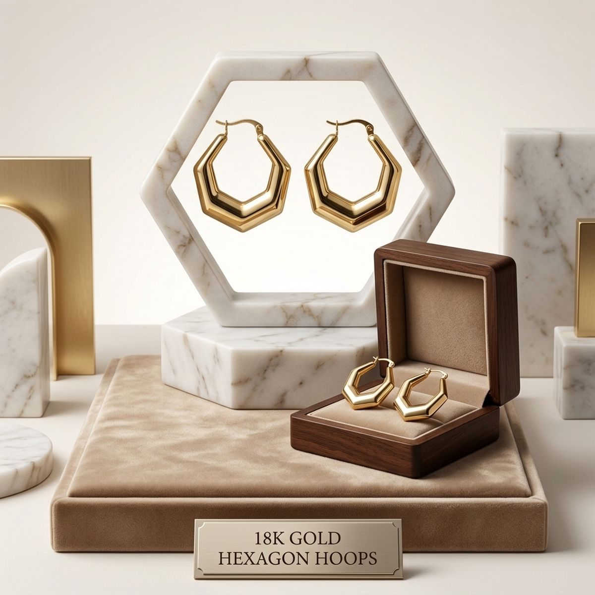Hoop 18K Gold Stainless Steel Hexagon Earrings
