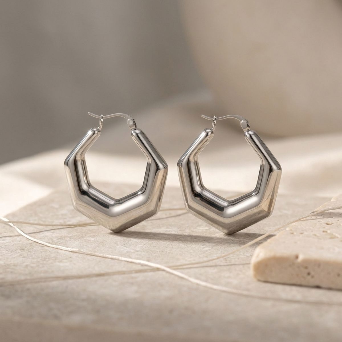 Hoop Silver Stainless Steel Hexagon Earrings