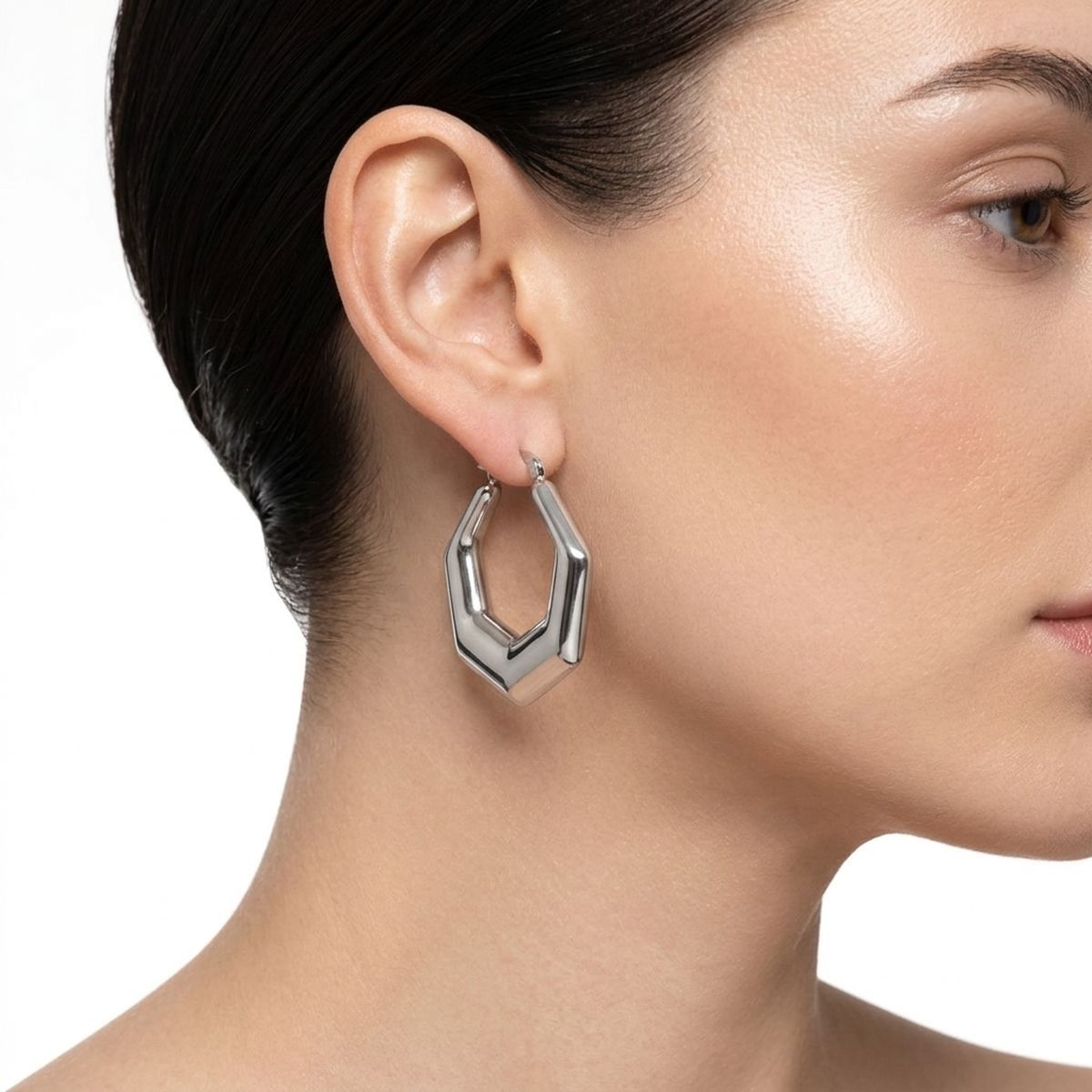Hoop Silver Stainless Steel Hexagon Earrings