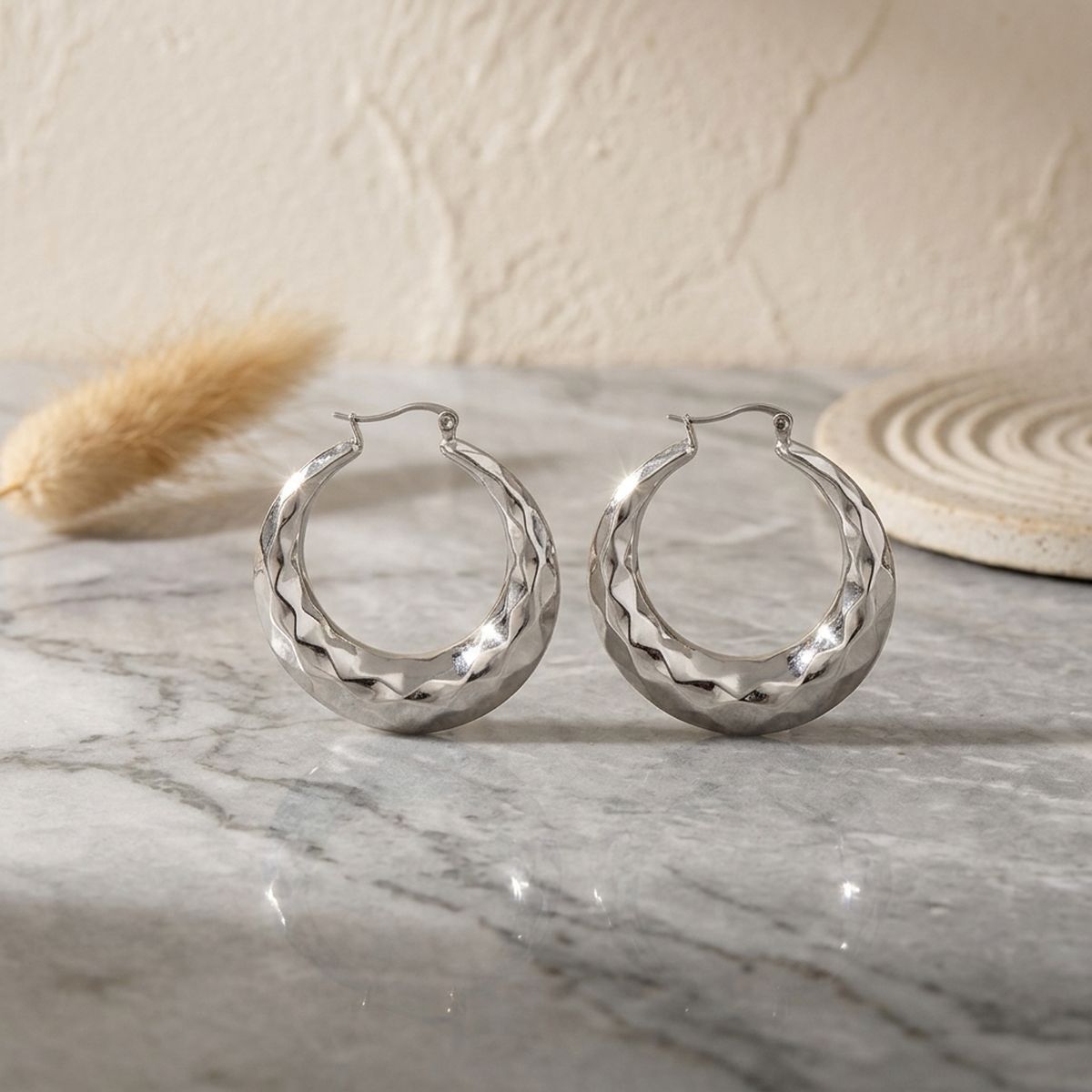Hoop Silver Stainless Steel Diamond Cut Earrings