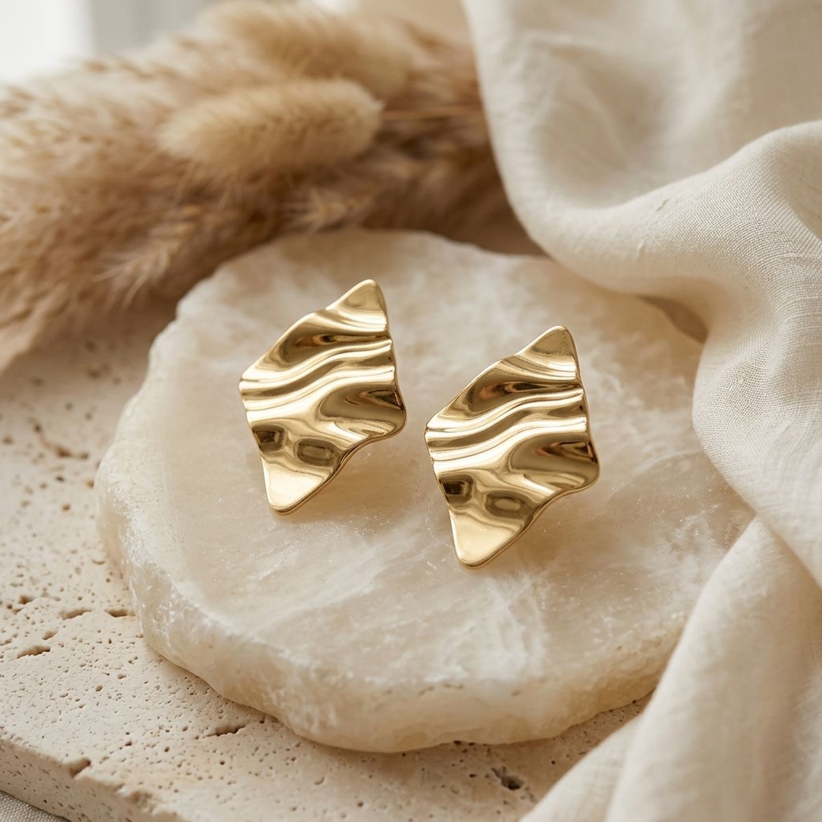Stud 18K Gold Stainless Wavy Diamond Earrings