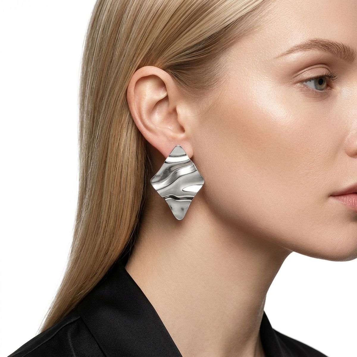 Stud Silver Stainless Steel Wavy Diamond Earrings