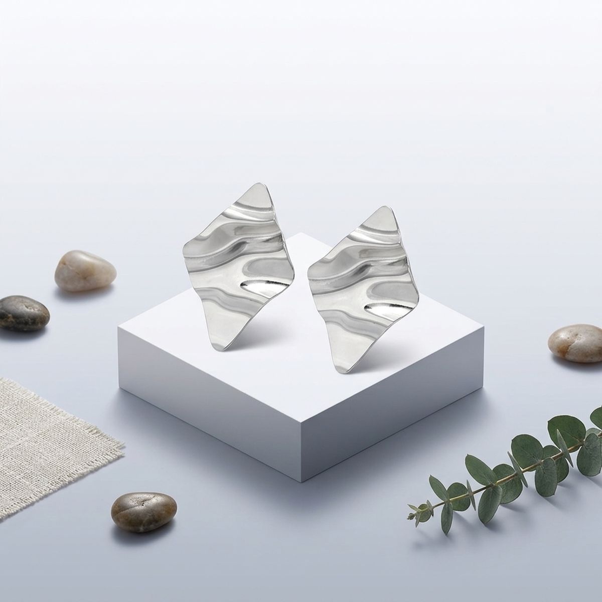 Stud Silver Stainless Steel Wavy Diamond Earrings