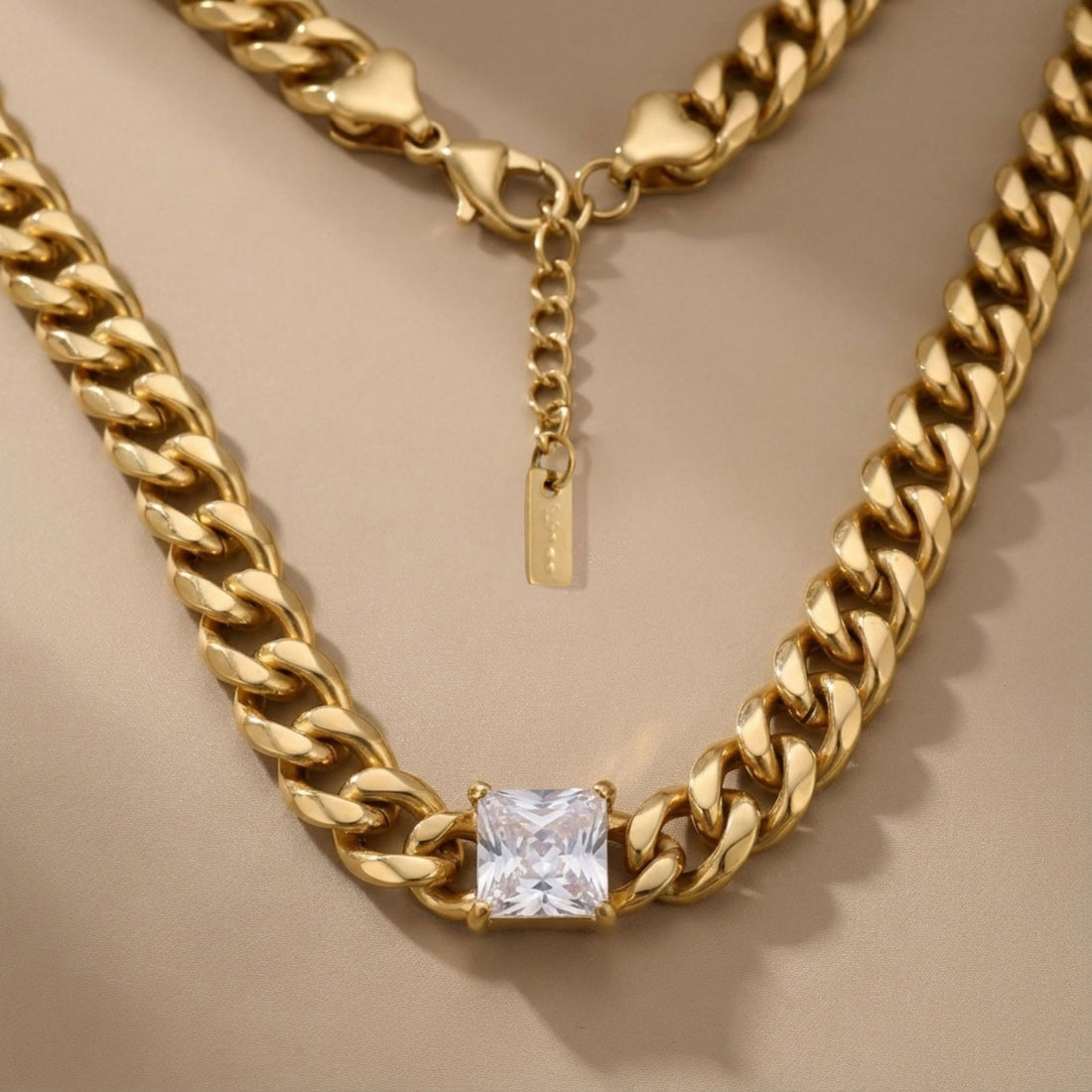 Gold 18K Steel Princess CZ Cuban Chain Necklace
