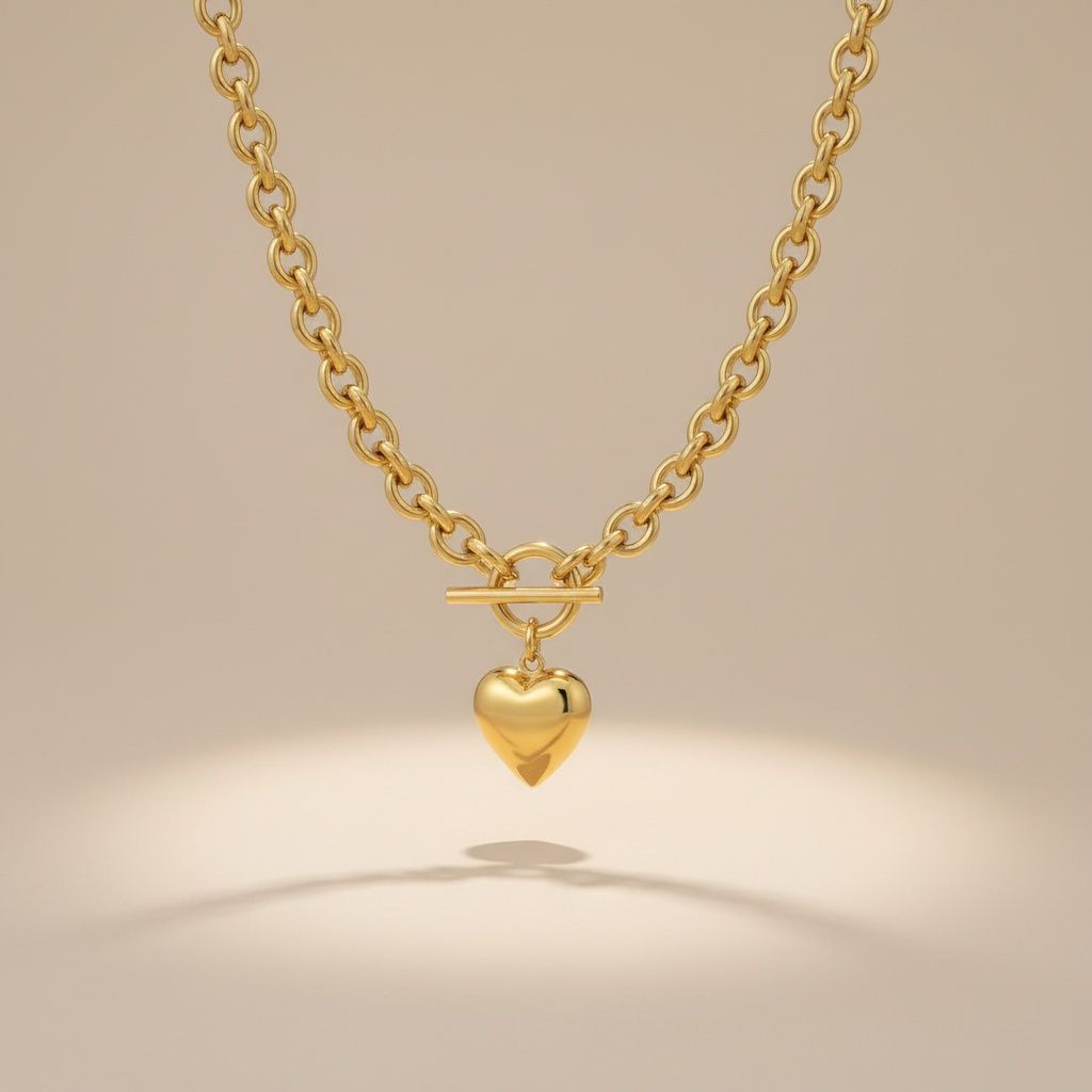 Gold 18K Steel Toggle Heart Rolo Chain Necklace