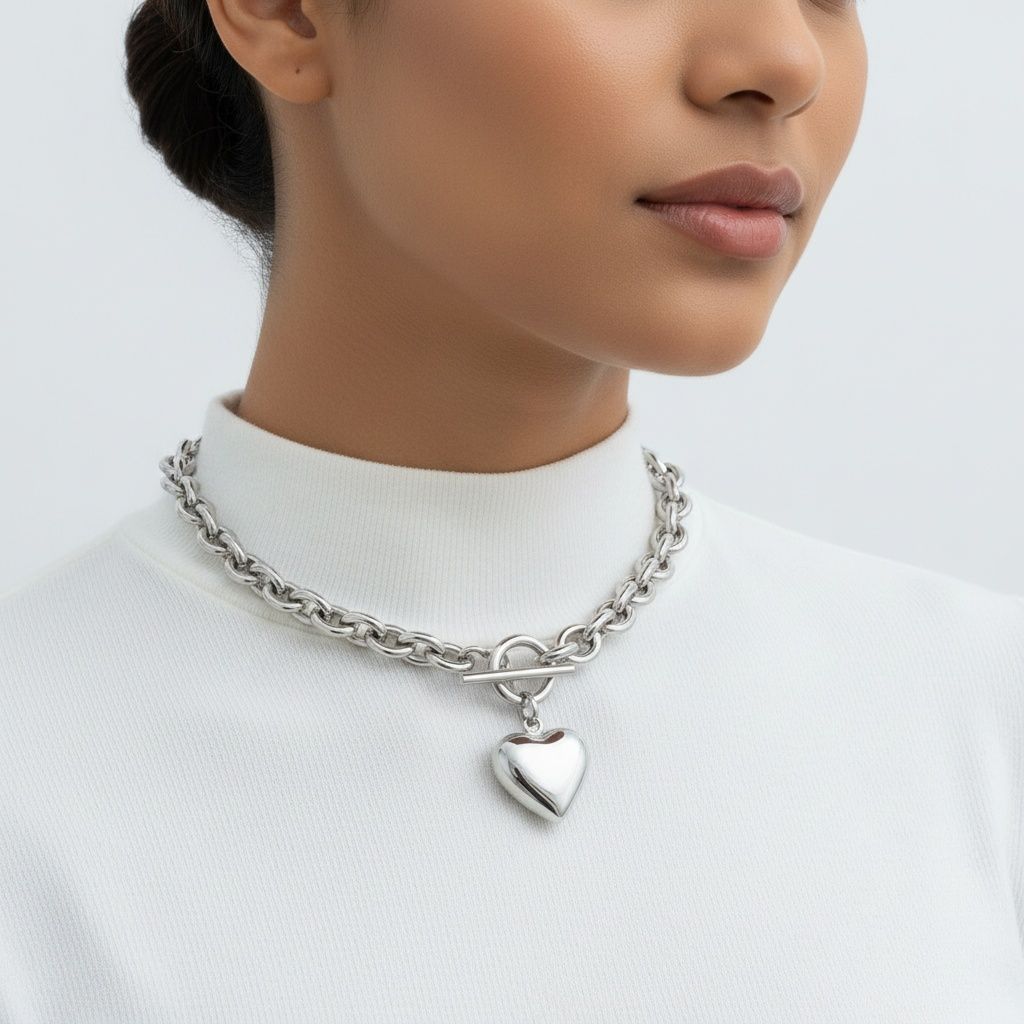 Stainless Steel Toggle Heart Rolo Chain Necklace