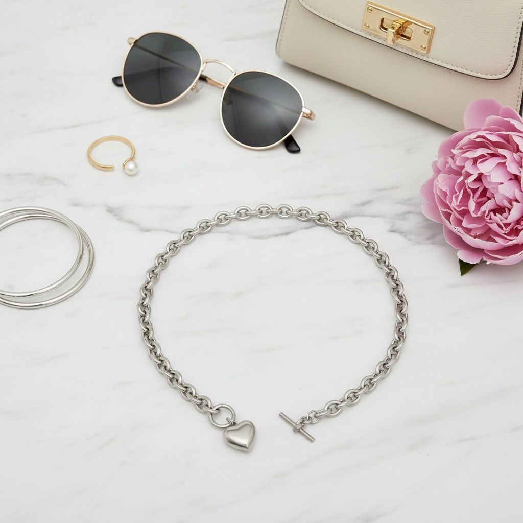 Stainless Steel Toggle Heart Rolo Chain Necklace