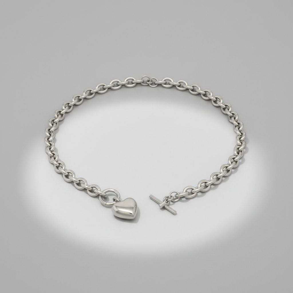 Stainless Steel Toggle Heart Rolo Chain Necklace