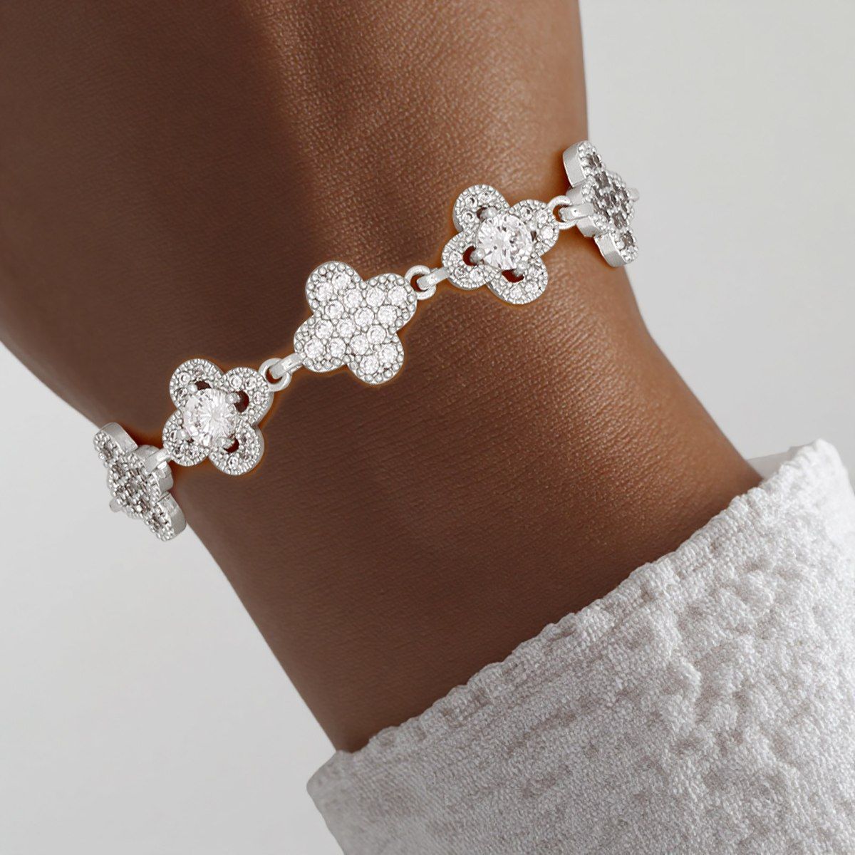 Tennis Bracelet Silver Brass CZ Clover Link Chain