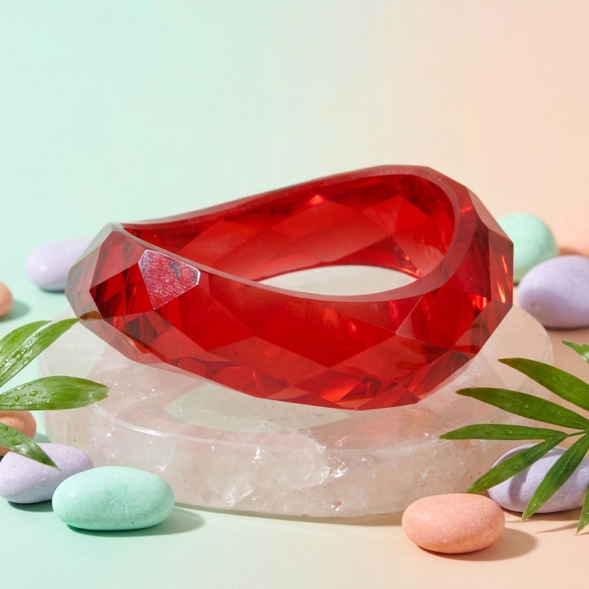 Bangle Transparent Red Prism Wave Facet Bracelet