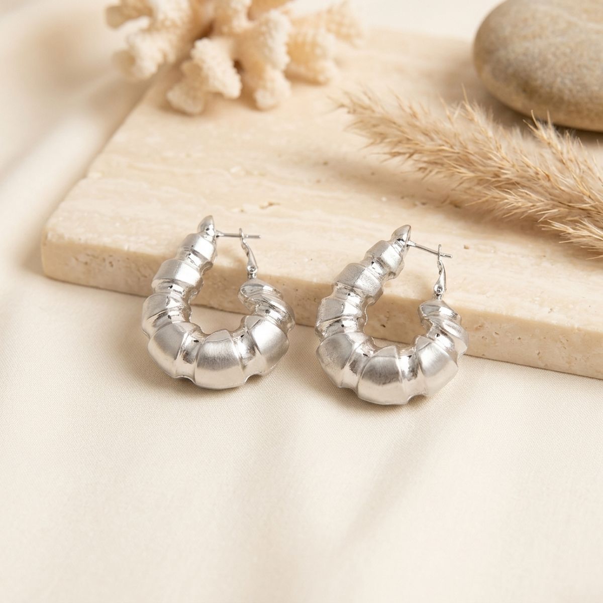 Chunky Silver Textured Segmented Hoop Earrings