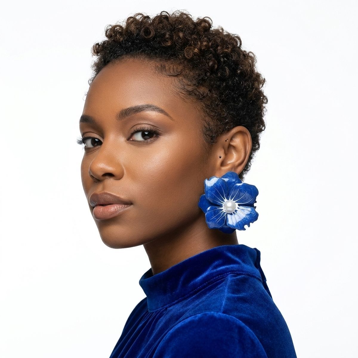 Blue Oversized Stud Painted Petal Flower Earrings