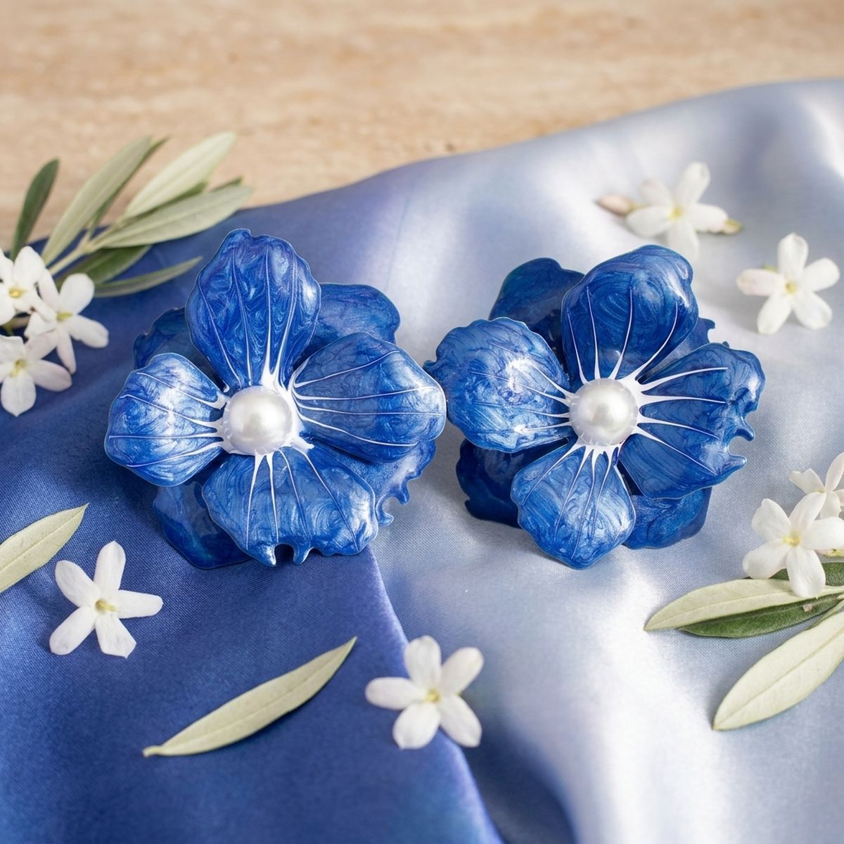 Blue Oversized Stud Painted Petal Flower Earrings
