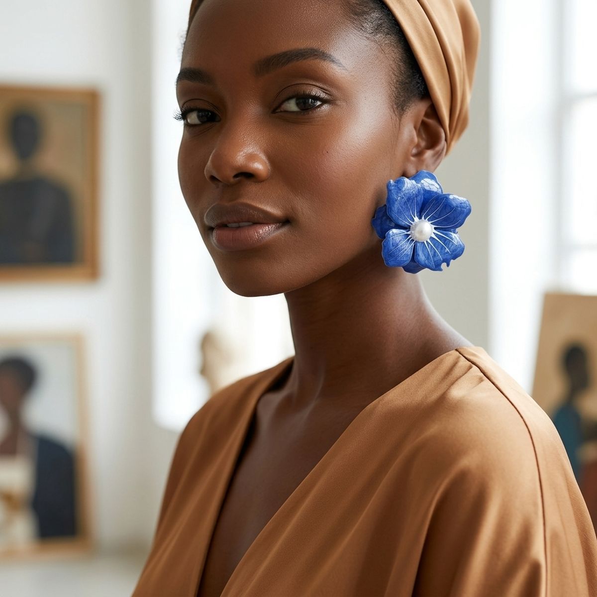 Blue Oversized Stud Painted Petal Flower Earrings