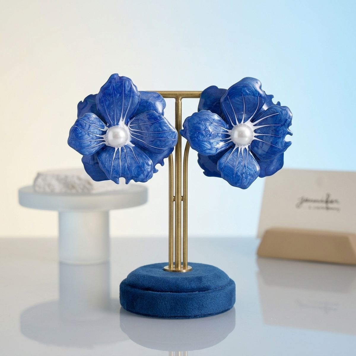 Blue Oversized Stud Painted Petal Flower Earrings