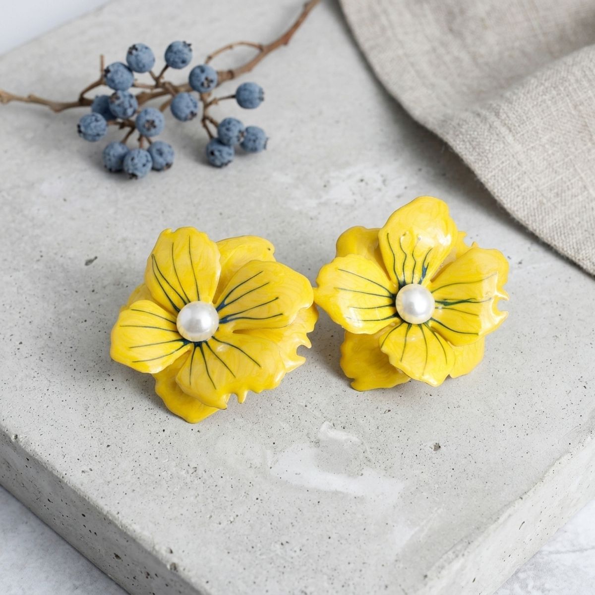 Yellow Oversize Stud Painted Petal Flower Earrings
